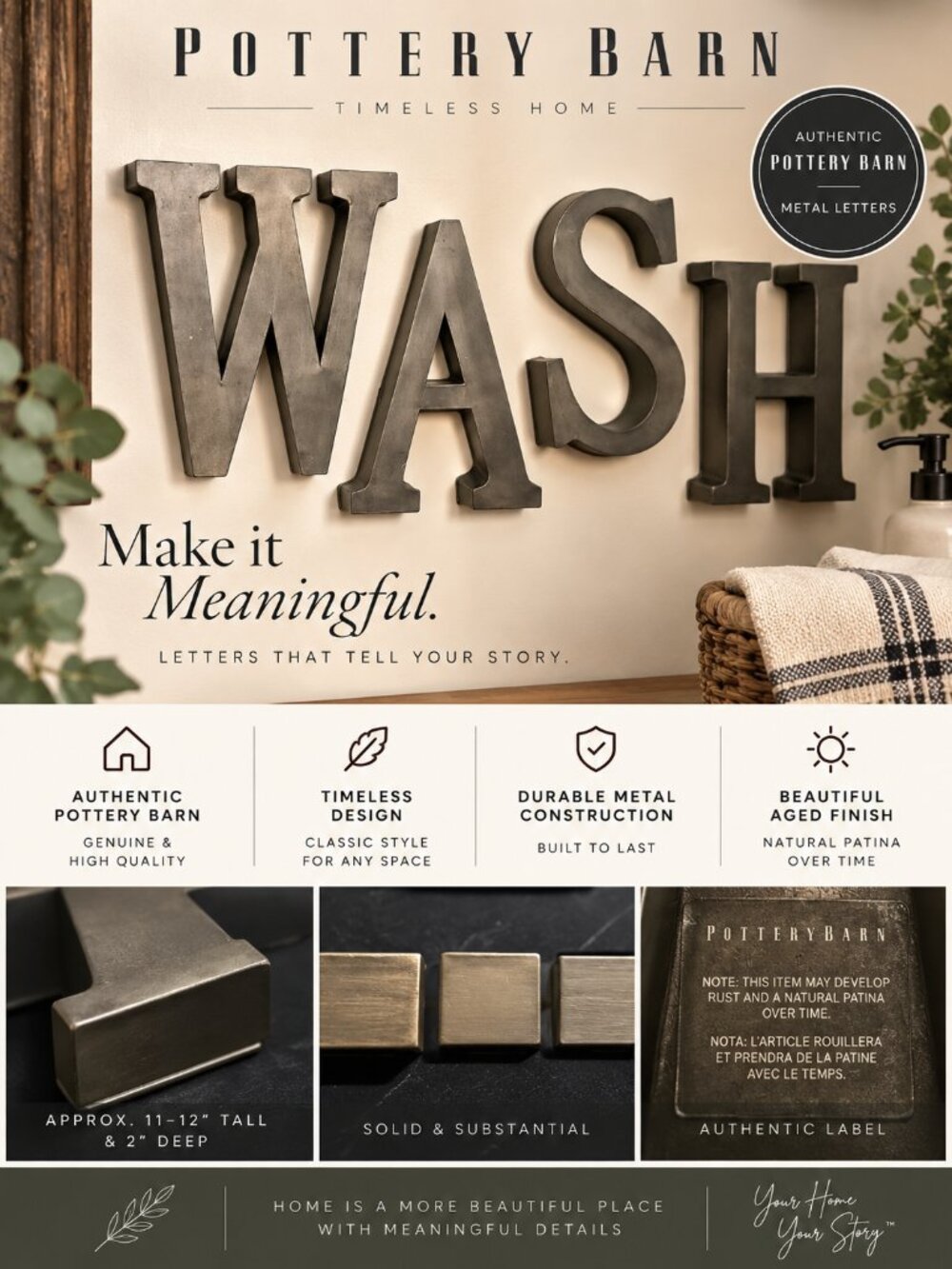 Pottery Barn WASH Metal Wall Letters Bathroom Decor Retired Set of 4